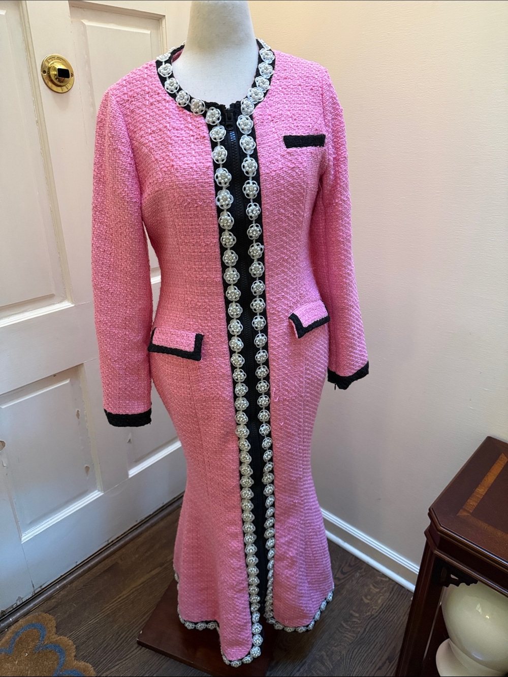AKIRA Pink Tweed Long Sleeve Dress with Black Trim and Pearl Embellishment